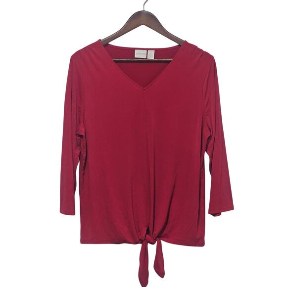 Chicos Red Tie-Front Detail V-Neckline 3/4 Sleeves Draped Silhouette Chic Casual - Picture 1 of 8
